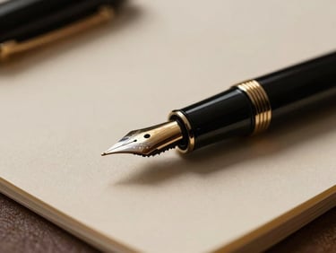 Macro detail of a luxury black fountain pen resting on structured, heavy cream paper, low-key dramatic indoor lighting, warm gold accents, shallow depth of field.