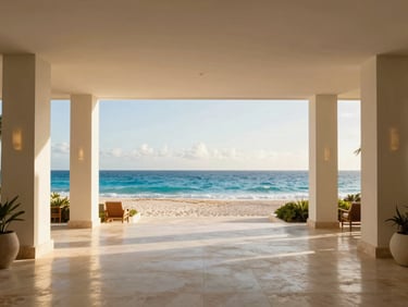 Minimalist luxury hotel lobby in Cancun opening directly to the beach, bright natural light