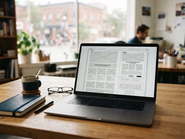 Modern laptop on a clean wooden desk in an Ottawa office, screen displaying a structured website wireframe, warm natural morning light, shallow depth of field.