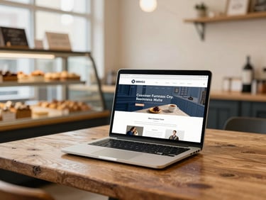 Warm interior of a local Ottawa bakery, a laptop open on a rustic wooden table showing a clean business website, soft daylight.