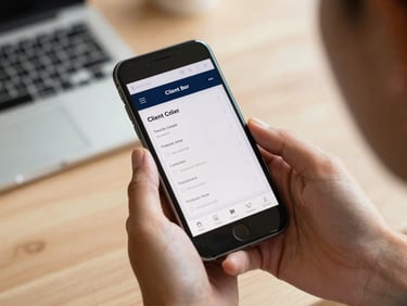 Close-up of hands holding a smartphone displaying a simple client portal dashboard, warm indoor lighting, soft focus background.