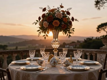 Vista cenital de una mesa imperial montada, vajilla de porcelana fina, cristalería tallada reflejando luz natural de atardecer, arreglos florales arquitectónicos en tonos tierra.