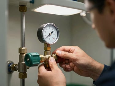 A technician carefully adjusting a water pressure regulator valve inside a clean utility closet, bright functional work-light, sharp focus on the pressure gauge