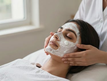 Close-up of a Pakistani female therapist applying a cream facial mask to a client's jawline, soft north-facing window light, clean white treatment linen, precise professional hands, calm clinical warmth