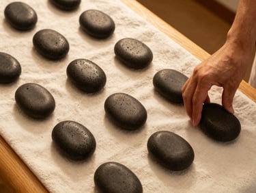 Overhead shot of smooth black basalt hot stones arranged on cream linen on a wooden treatment table, warm golden side lighting, a therapist's hand placing one stone at the edge of the frame, spa preparation ritual