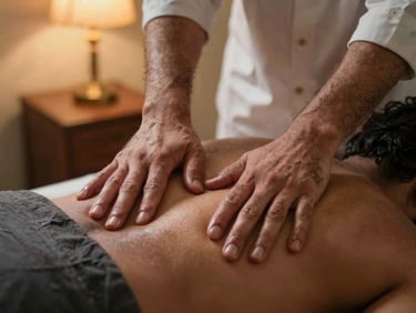 Close-up of a Pakistani therapist's hands performing deep tissue massage on a client's upper back, warm amber light from a bedside lamp, dark linen, focused and precise movement
