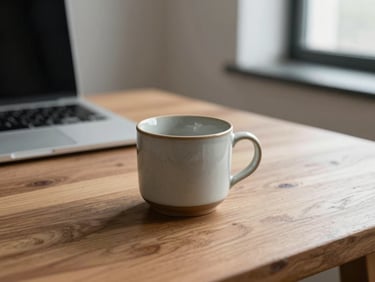 A quiet, minimalist workspace with a single ceramic cup on a wooden table, soft natural light.