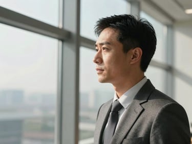 Close-up of a thoughtful professional looking out a large window, soft morning light, architectural shadows.
