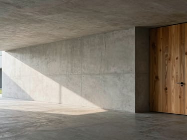 A wide, calm architectural detail of a concrete and oak corridor, soft diffused daylight casting long shadows, plenty of negative space.