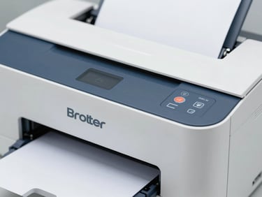 Clean macro shot of a Brother laser printer paper feed mechanism, clean technical photography, bright workshop lighting