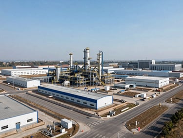 Wide environmental shot of a completed industrial complex under clear sky, multiple buildings in background showing full site scope, access roads and perimeter infrastructure finished, no people, documentary angle from site boundary