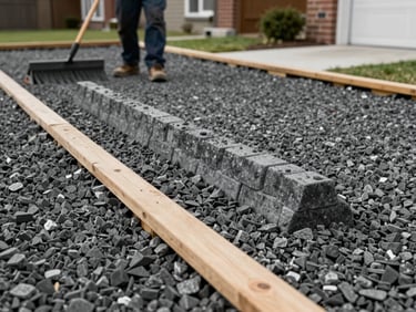 Environmental shot of a worker raking compacted gravel subgrade in preparation for interlocking paver installation, wooden screed rails set in place, overcast daylight, residential backyard setting