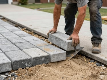 Wide shot of a contractor lifting a sunken interlocking paver block with a flat tool, re-leveling a settled residential pathway, overcast daylight, sand and compacted base layer visible