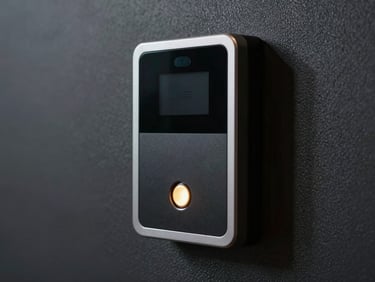 Close-up of a premium electronic access control terminal mounted on a dark textured wall, a subtle gold indicator light glowing, clean sharp focus, architectural lighting.