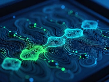 Macro close-up of chaotic, low-frequency resonance patterns in liquid crystalline structures, dark-mode laboratory, harsh blue light, high contrast, representing data noise.