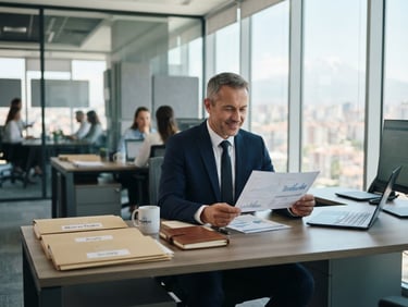 A professional modern office in Aksaray, daylight shining through large windows, a clean desk with folders, a consultant in a navy suit holding a document, soft focus, professional photography