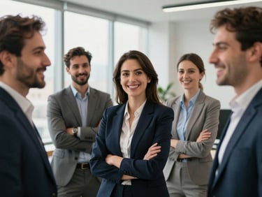 A professional group of consultants in a modern bright Aksaray office, smiling warmly, soft daylight, professional corporate photography