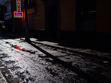 High-contrast night street photography in Mexico City, neon signs reflecting on wet asphalt, deep shadows, gritty film grain