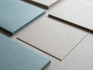 Overhead flat-lay of textured paper stocks and elegant print finishes in soft natural daylight, muted cerulean and warm stone gray tones, shallow depth of field, 35mm