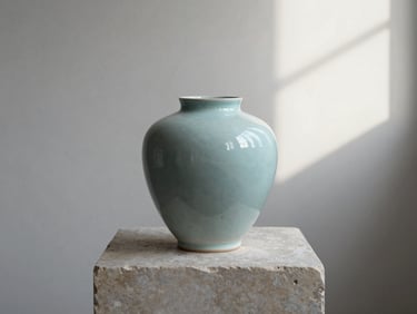 Minimalist ceramic vessel on a raw stone pedestal, soft overcast daylight casting gentle shadows, warm gray background.
