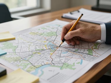 Close-up of a hand-annotated district map spread across a wooden desk in a government office, natural daylight from a window, pencil markings and sticky notes visible, shallow depth of field