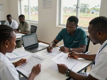 Wide shot of a health facility data-review session, two researchers at a table reviewing printed survey forms and a laptop, natural window light, organised workspace, Sierra Leone field context