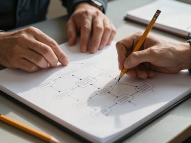 Close-up of a researcher's hands tracing a hand-drawn programme logic diagram on thick cartridge paper, a pencil resting nearby, natural window light casting soft shadows across the page, fieldwork notebook visible at edge of frame