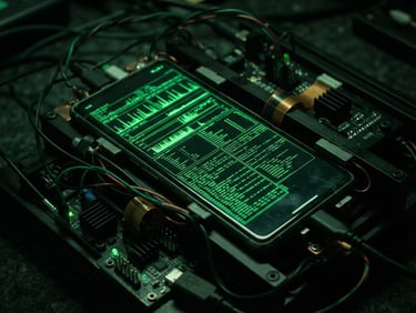 Macro shot of an Android test rig with vibrant terminal-green performance metrics displayed on a screen, low-key studio lighting, sharp focus on the device's screen.