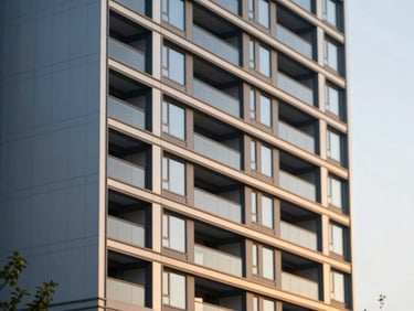 Abstract architectural lines of a high-end mixed-use development, soft golden hour lighting, clean geometric composition.
