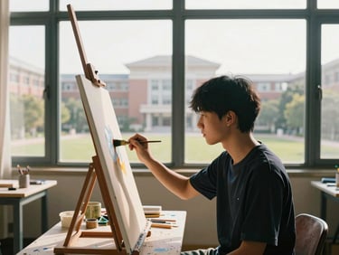A student painting in an art studio, soft morning sun, medium shot, focus on the canvas and brushstrokes, campus architecture visible through window.