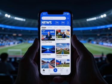First-person perspective of a mobile phone screen showing a live global news stream, dramatic neon blue backlighting, sharp focus, deep shadows.