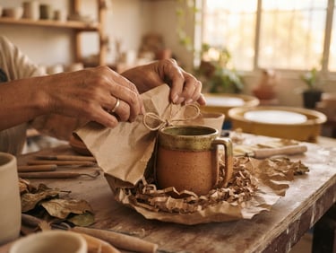Manos de ceramista envolviendo cuidadosamente una taza de gres torneada a mano en papel reciclado y material biodegradable en un taller luminoso, luz natural de tarde, enfoque en las texturas de la arcilla y el embalaje, tonos cálidos terracota y oliva.