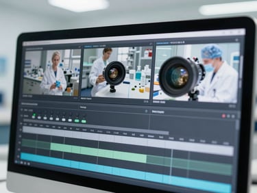 A professional digital video editing interface displaying a timeline of clinical lab footage, cool desaturated tones, sharp focus, high-end commercial lens.