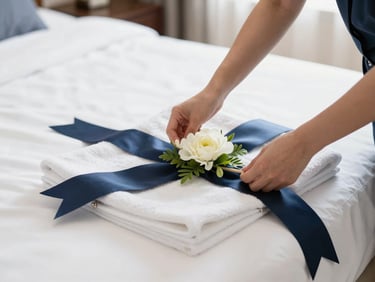 Medium close-up of professional hands arranging elegant floral decorations and folded towels on a pristine hotel bed, bright daylight