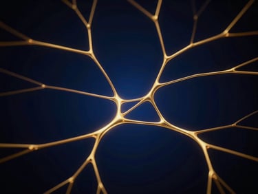 Abstract golden light patterns representing neural networks, high contrast dark-mode, deep blue ambient fills, sleek editorial photography, 35mm lens