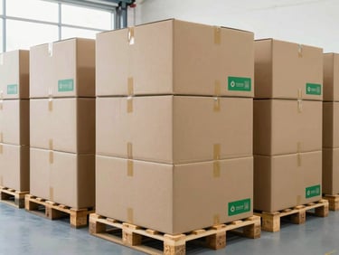 Organized logistics center, cardboard boxes neatly stacked on wooden pallets, bright high-key daylight, professional shipping environment