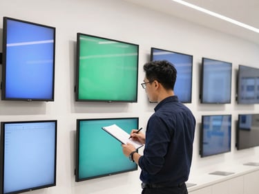 A professional retail shop owner reviewing digital screens in a bright, modern boutique, clean commercial lighting, 35mm lens