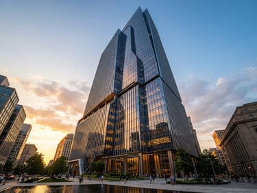 Wide environmental shot of a modern corporate skyscraper exterior, architectural lines, golden hour light reflecting off glass facade, professional editorial composition