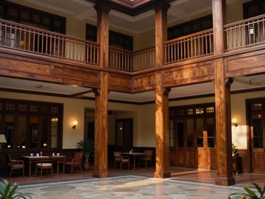 Vintage architectural photograph of a classic Indonesian hotel lobby from the 1970s, warm ambient lighting, rich wooden textures, professional editorial composition