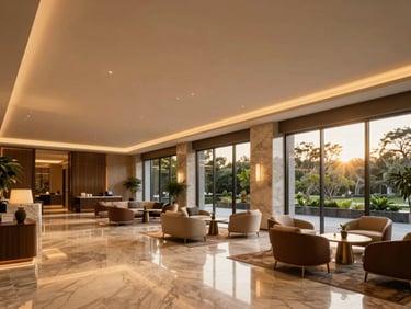 Modern luxury apartment lobby interior, warm ambient lighting, high ceilings, polished marble floors, large glass windows showing green foliage outside, elegant contemporary furniture.