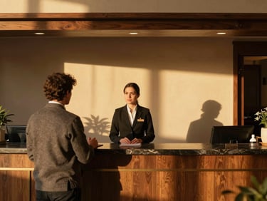 Warm hotel reception desk with professional staff welcoming guests under soft golden lighting, hospitality editorial photography