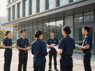 Professional facility management team in clean structured uniforms inspecting a modern office building exterior, bright natural daylight