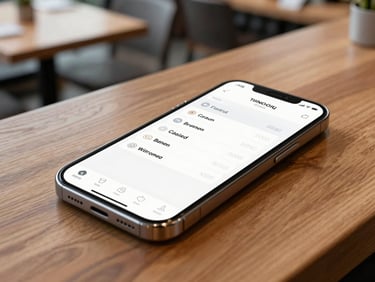 Editorial tech photography, angled close-up of a clean digital menu UI on a smartphone screen resting on a modern wooden restaurant counter, soft screen glow, natural daylight