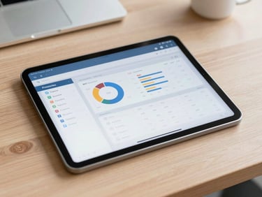 A tablet showing an intuitive business dashboard with sales metrics and menu settings, resting on a clean wooden desk, soft screen glow.