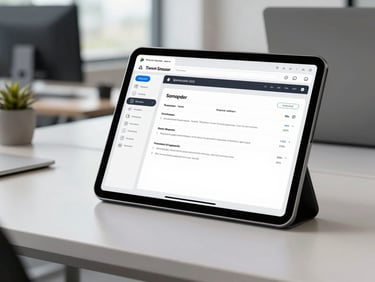 Editorial tech photography, clean software dashboard displayed on a tablet computer on a modern office desk, natural daylight, sharp geometric layout, 50mm lens