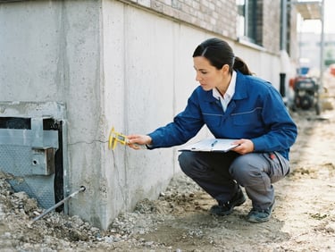 Professional technician inspecting a structural foundation, clear focus on precision, bright natural daylight, blue and white tones, 35mm