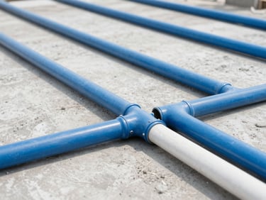 Network of sub-slab reticulation pipes laid on the ground before concrete pouring, focus on the pipe connections, clean construction site