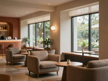 A quiet, modern hotel lobby lounge with comfortable armchairs, warm indoor ambient lighting, terracotta accent decor, and large windows looking out to soft greenery.
