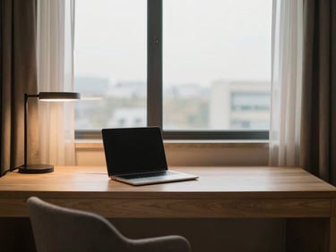 Modern hotel studio room, clean wooden desk with a laptop, soft ambient desk lamp, large window, warm editorial photography.