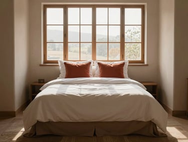 Plush king bed with crisp white linens, warm terracotta accent pillows, soft morning daylight, straight-on architectural framing.
